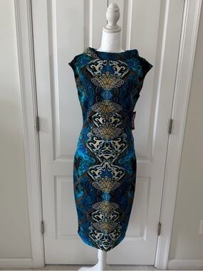 New York & Company Stretch Teal and Black Patterned Midi Sheath Dress